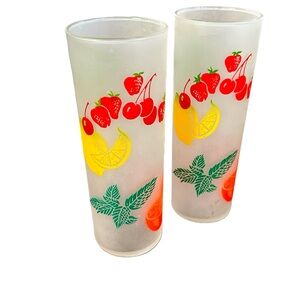 Vintage! Federal Frosted Fruit Tom Collins Glasses Mid Century Barware. Set of 2